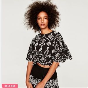 Zara bell sleeve embroidered floral black top: M